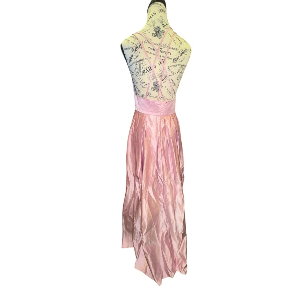 Satin Formal‎ Ball Gown Pink Spaghetti Strap Cross Back Maxi Dress Sz M